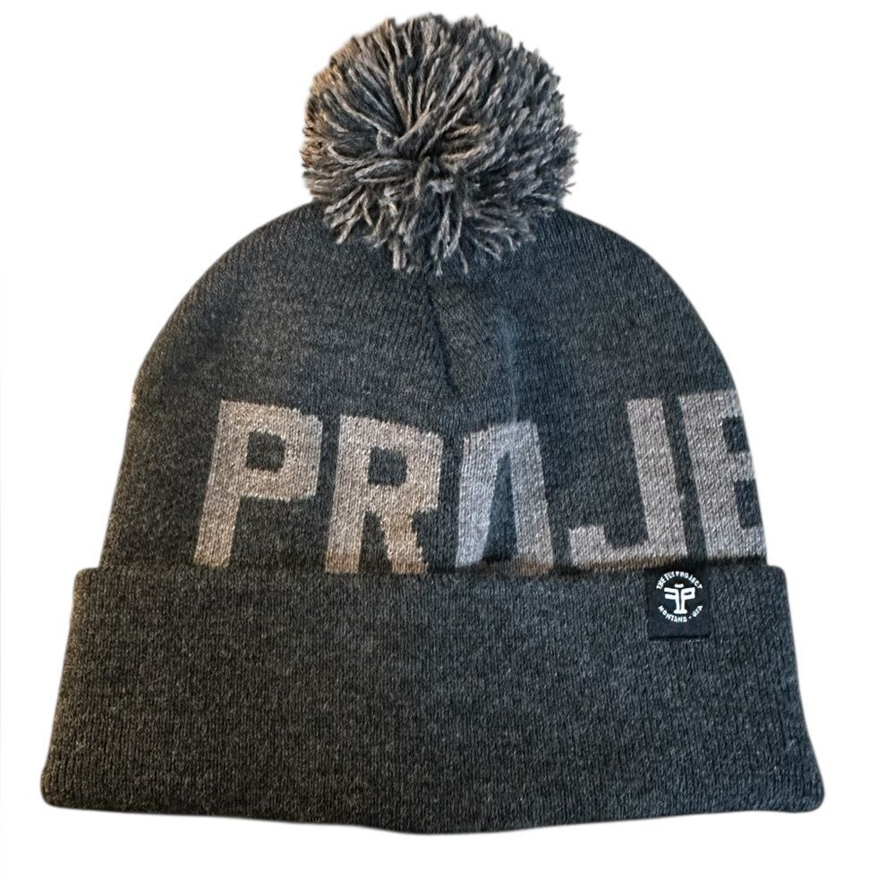 The Fly Project Pom Beanie Knit Hat Gray Logo Cuffed Winter Cap